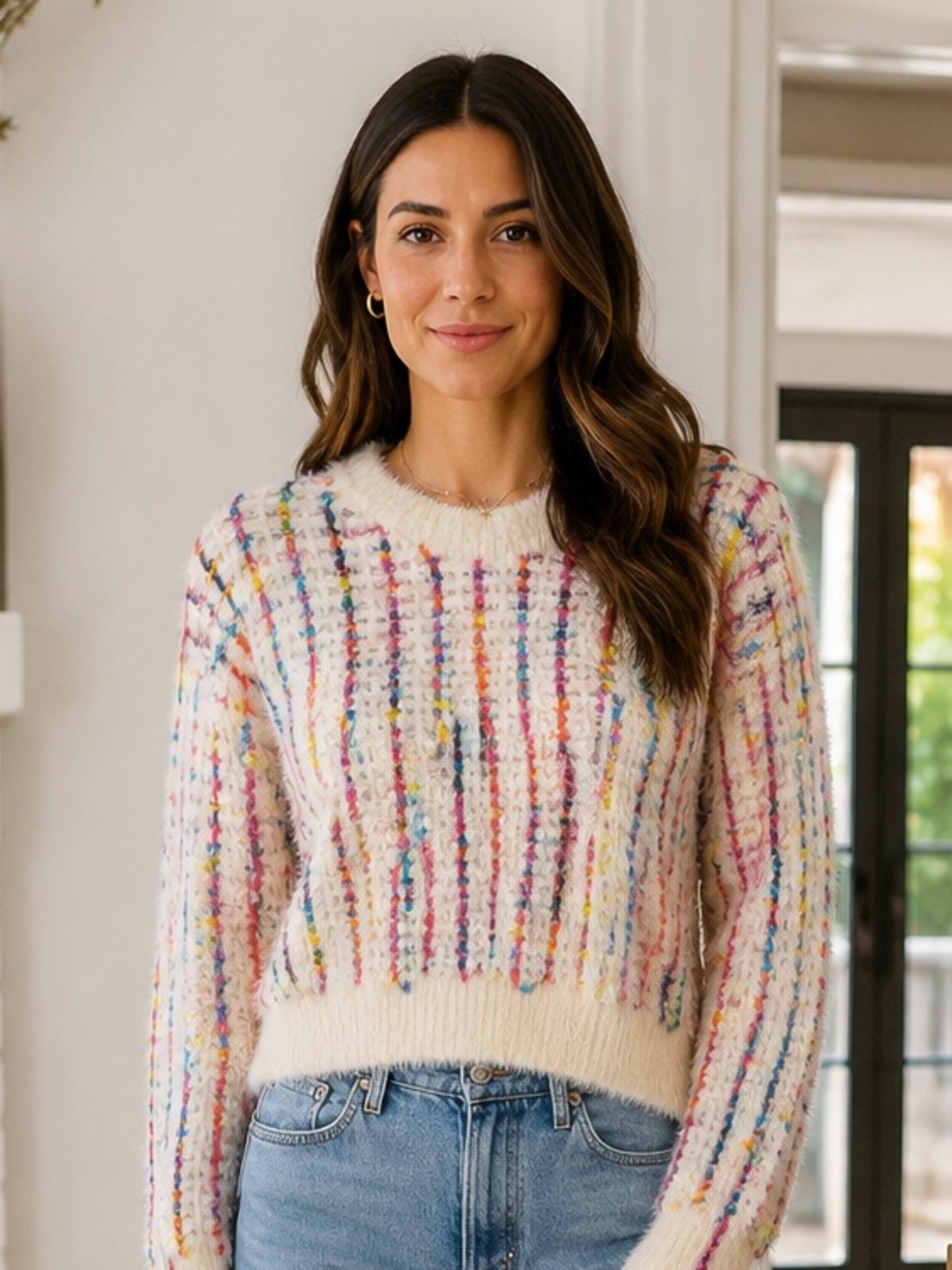 TR. Notes S/M Fuzzy Multicolor Plaid Eyelash Knit Sweater